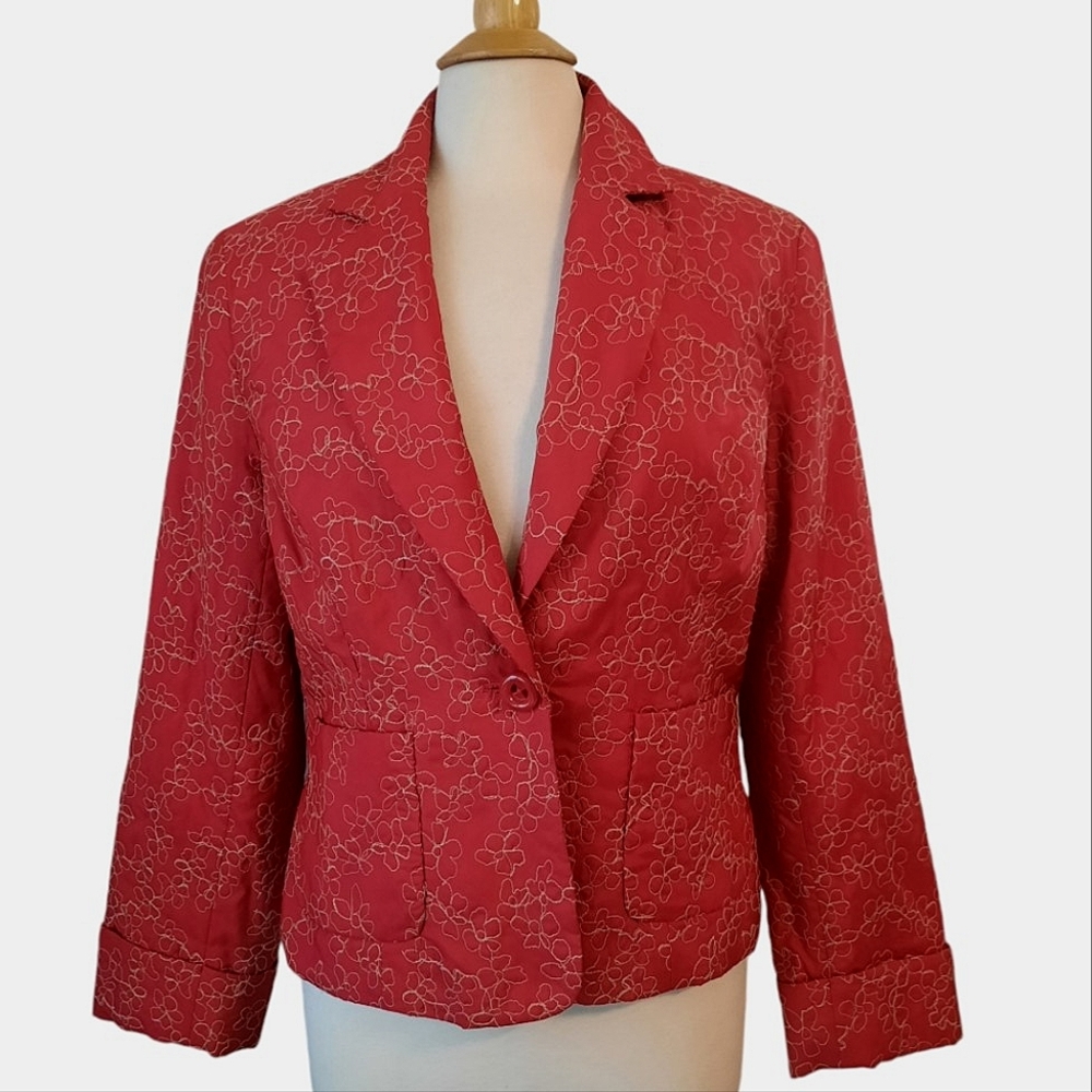 A | LINE Quilted Embroidered Notched Lapel 1-Button Blazer Sz 12 Red/Beige